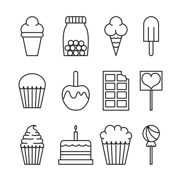 Édes desszert cukorka és sütemény ikonok beállított vonal — Stock Vector