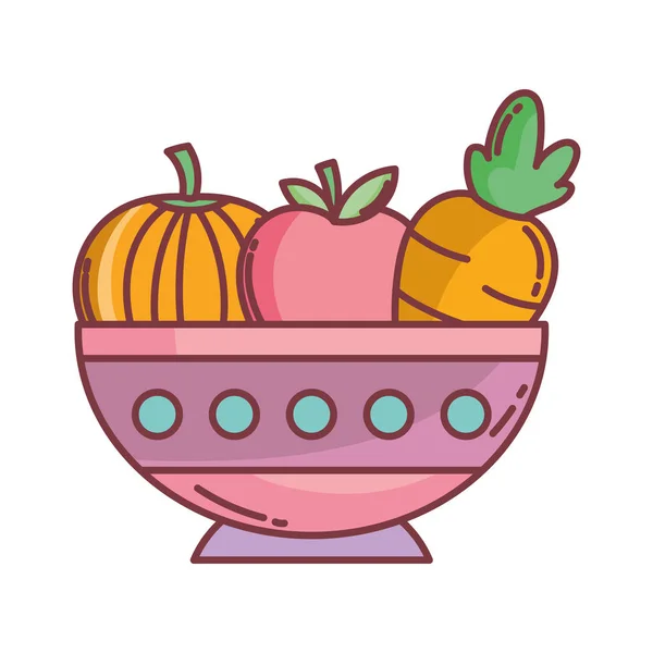 Abóbora e maçã e cenoura em tigela —  Vetores de Stock
