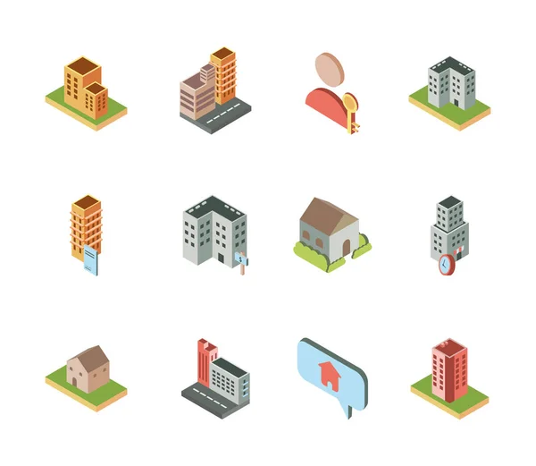 Isometric buildings real estate location icons set — Image vectorielle