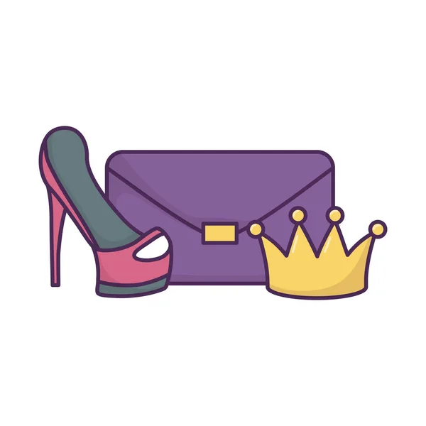 Handbag high heels and crown icon on white background - Stok Vektor