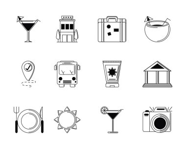 Turizm tatilleri seyahat simgesi ince bir çizgi çizdi