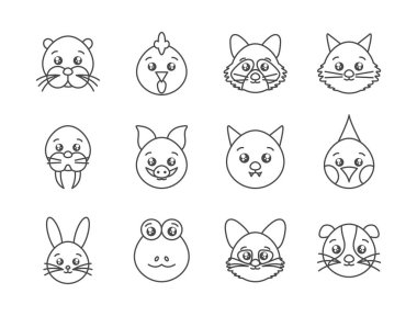 cute animals head cartoon icons set line style