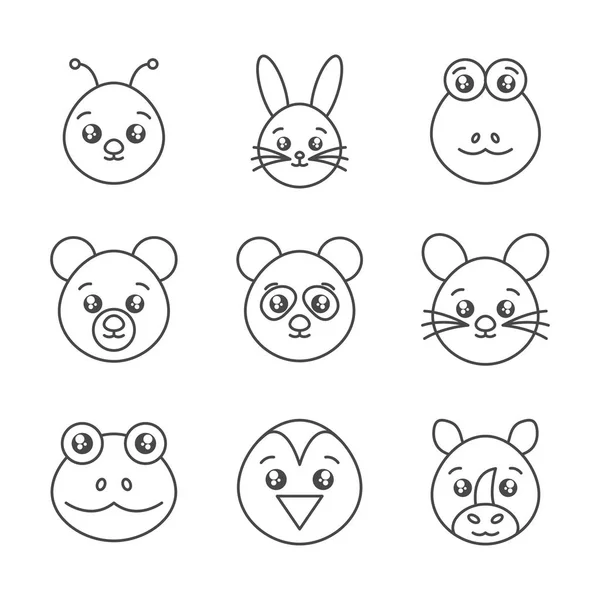Cute animals head cartoon icons set line style — стоковый вектор
