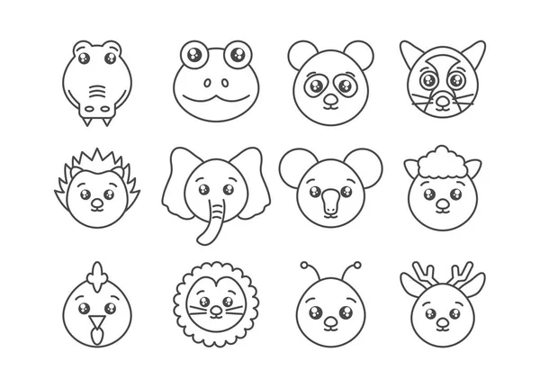 Cute animals head cartoon icons set line style —  Vetores de Stock