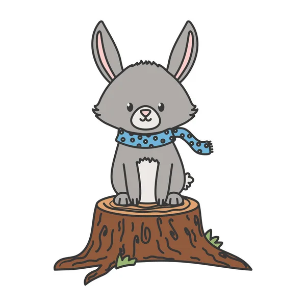 Conejo lindo con bufanda en otoño de tronco sobre fondo blanco. — Vector de stock