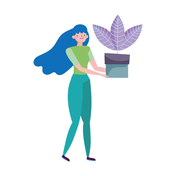 Jeune femme avec une plante en pot écologie — Image vectorielle