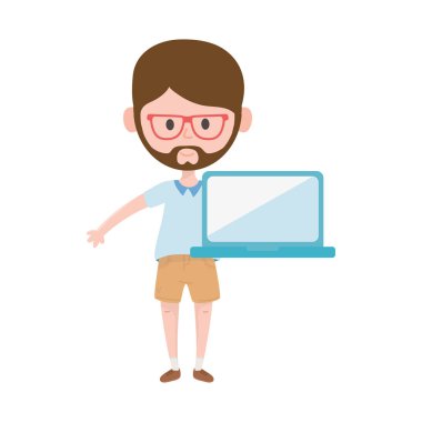 Bilgisayar sosyal medyası olan sakallı bir adam.