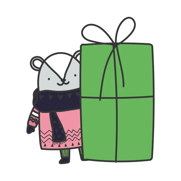 Merry christmas cute bear with sweater and gift box celebration — Stock vektor