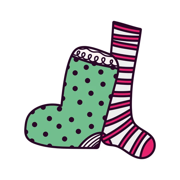 メリークリスマスお祝いが点在し縞模様の靴下 — ストックベクタ