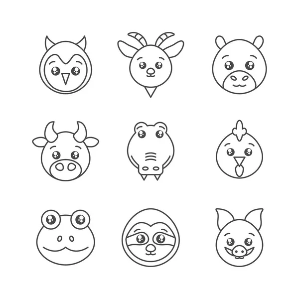Cute animals head cartoon icons set line style —  Vetores de Stock
