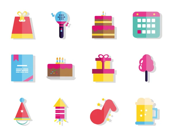 Los iconos felices de la decoración de la celebración del cumpleaños — Vector de stock