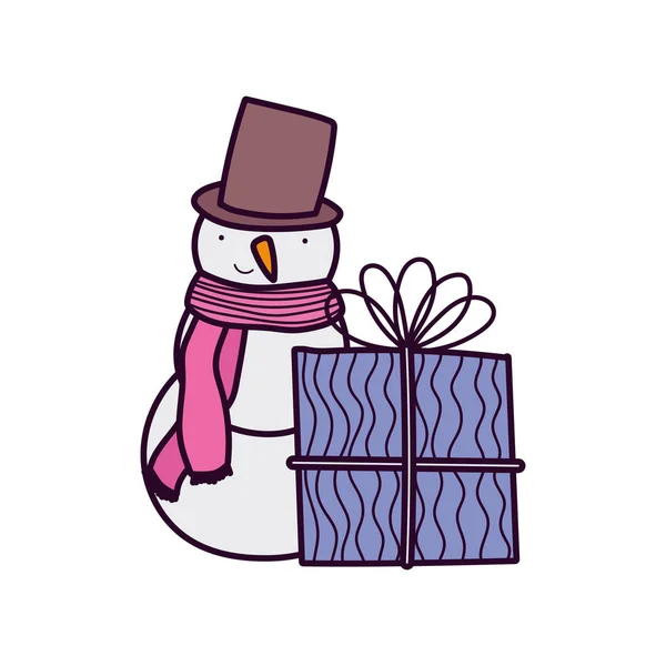 Merry christmas celebration snowman with hat and scarf gift box decoration — Stock vektor