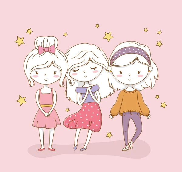 Beautiful little girls group with pastel colors and stars — стоковый вектор