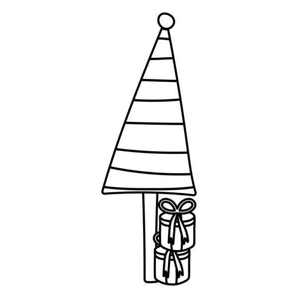Striped tree with gift boxes celebration merry christmas thick line — Stok Vektör