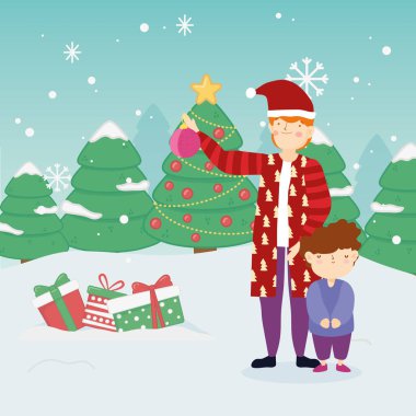 merry christmas father and son warm clothes gifts trees snow outdoor