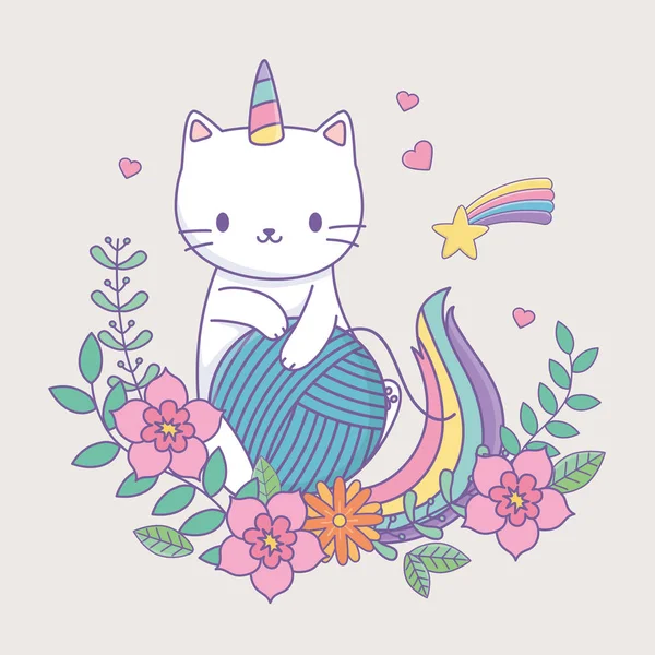 Cute caticorn with floral decoration and ball of wool — ストックベクタ