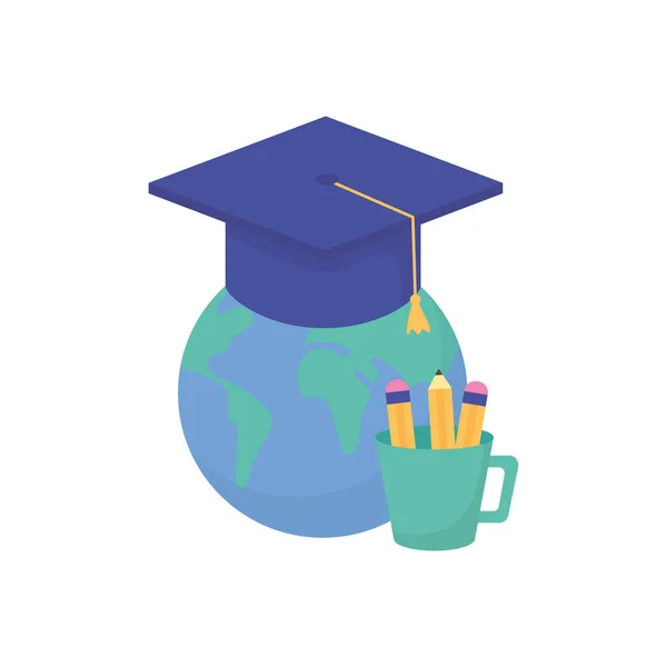 Graduation hat pencils school education world learning online — Stock Vector