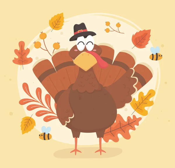 Turkey with pilgrim hat happy thanksgiving celebration — Vetor de Stock