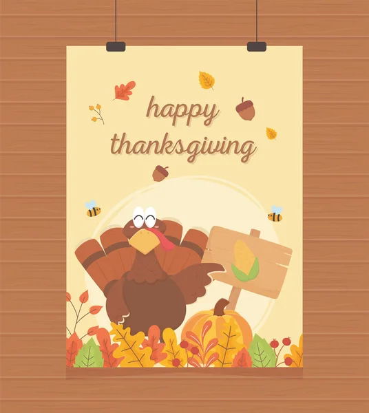 Happy thanksgiving poster hanging turkey with pumpkin board corn — стоковый вектор