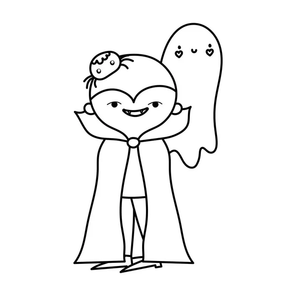 Happy halloween celebration boy dracula costume ghost and spider line style — стоковый вектор
