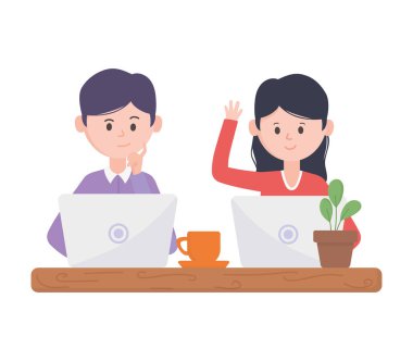 young man and woman with laptop working