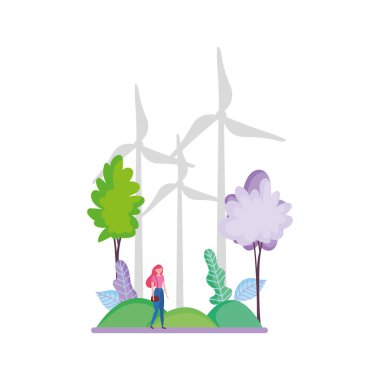 woman wind turbines outdoor trees ecology