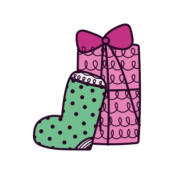 Merry christmas celebration dotted sock and big gift — ストックベクタ