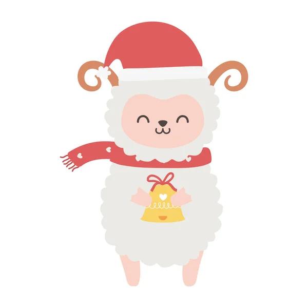 Cute sheep with scarf and bell merry christmas — Image vectorielle