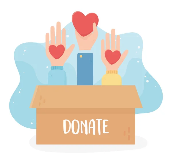 Volunteering, help charity donate hands with hearts box — Vector de stock