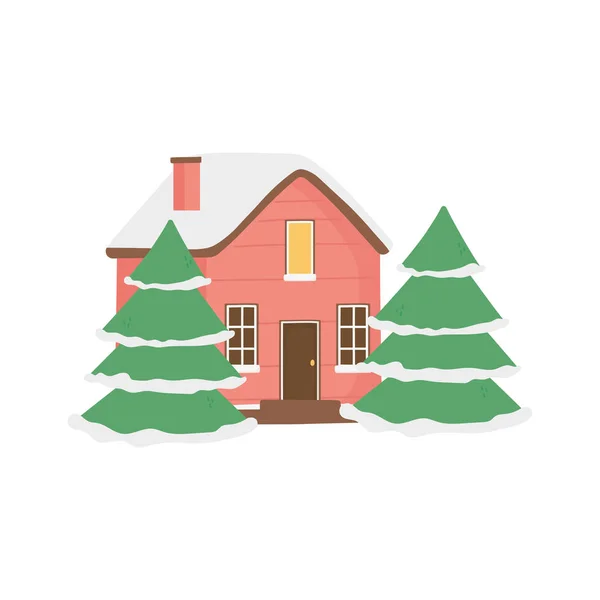 Cute house and trees with snow decoration christmas — Stok Vektör