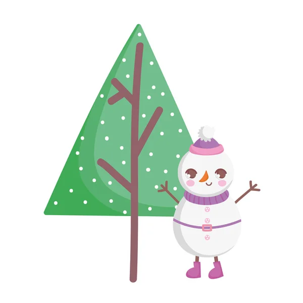 Boneco de neve com árvores chapéu neve alegre natal — Vetor de Stock