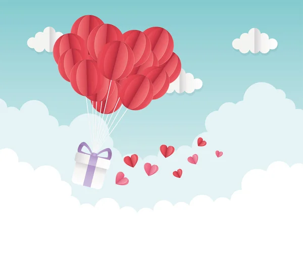 Happy valentines day origami gift balloon hearts clouds — Wektor stockowy