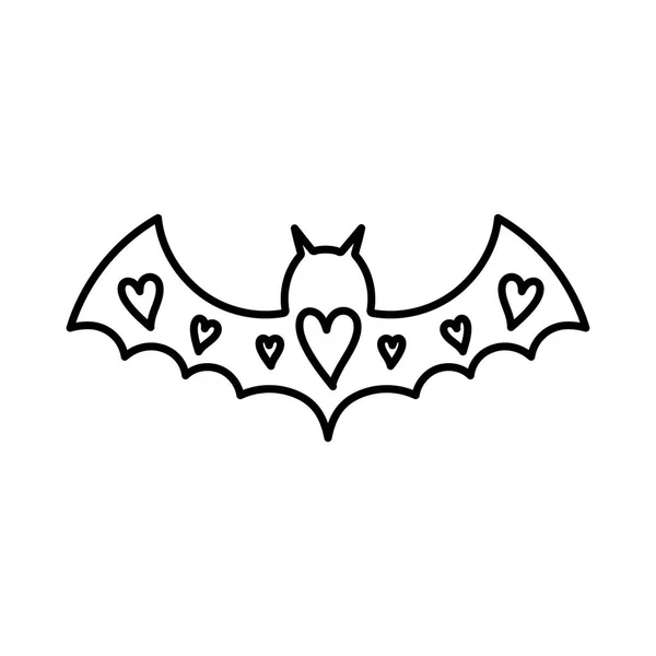 Bat open wings with hearts love thick line — Vector de stock