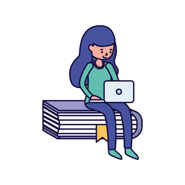 Young woman sitting on book with laptop learning online — стоковый вектор