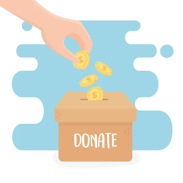 Voluntariado, ayuda a la caridad a donar monedas empujadas a mano en la caja — Vector de stock