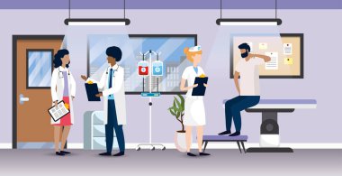 Hemşire ve hastası olan kadın ve erkek doktorlar