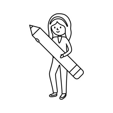 young woman with big pencil education learning online thick line
