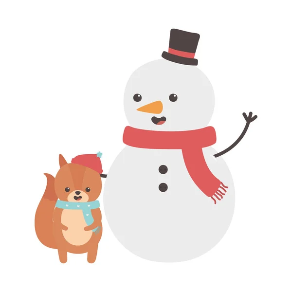Милий сніговик з білкою з шарфом веселого Різдва — стоковий вектор