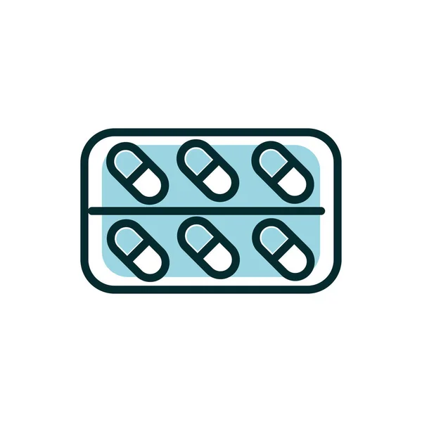 Embalagem cápsulas equipamento médico ícone linha preencher — Vetor de Stock