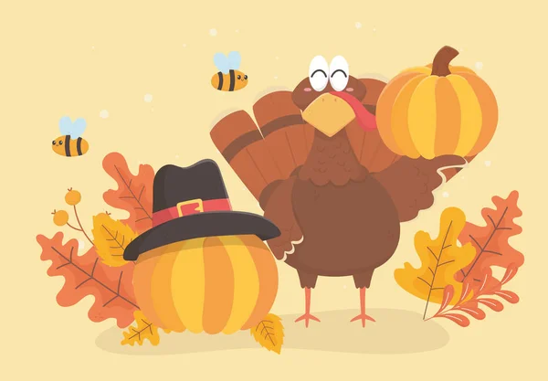 Turkey and pumpkins with pilgrim hat bee and leaves happy thanksgiving celebration — Stock Vector