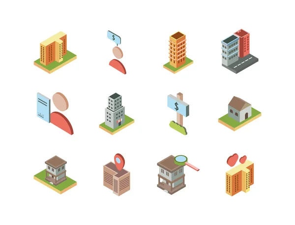 Isometrische Gebäude Immobilien Lage Symbole gesetzt — Stockvektor