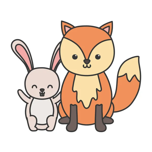 Funny little cute fox and rabbit animals — 图库矢量图片