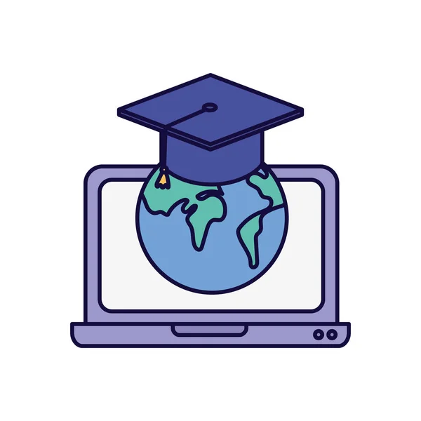 Laptop κόσμο αποφοίτηση καπέλο σχολείο online μάθηση — Διανυσματικό Αρχείο