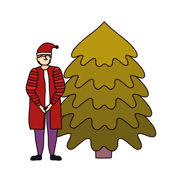 Веселий різдвяний чоловік з потворним светром з декоративним деревом — стоковий вектор
