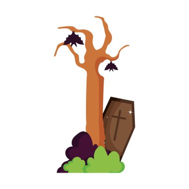 hanging bats coffin tree trick or treat, happy halloween