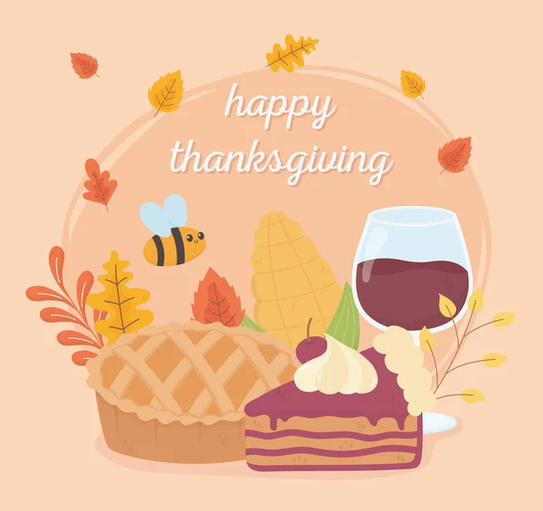 Happy thanksgiving pie wine glass cake bee foliage celebration — стоковый вектор