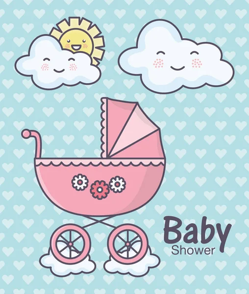 Baby shower pink pram clouds sun cartoon hearts background — Archivo Imágenes Vectoriales