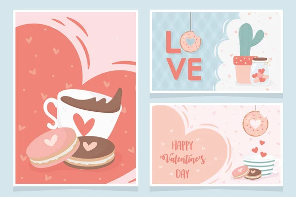 Feliz valentines dia chocolate copo com biscoitos amor coração cacto presentes banners — Vetor de Stock