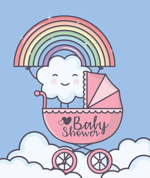 Bambino doccia arcobaleno nuvole in carrozzina rosa — Vettoriale Stock