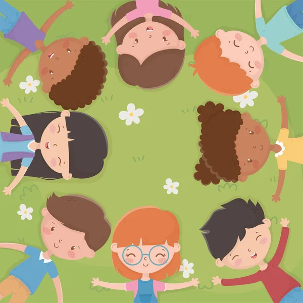 Happy childrens day kids lying on a grass field — Stock Vector